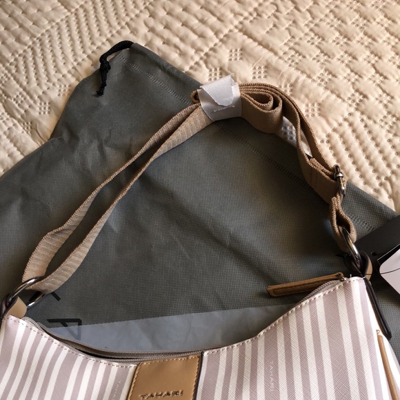 Tahari Logo Hobo sand stripe handbag including grey cover protector. - Picture 8 of 10